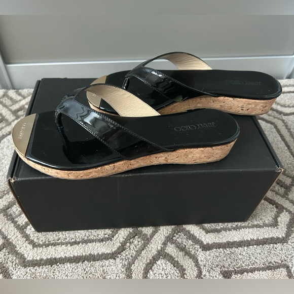 Jimmy Choo Shiny Black Patent Leather Sandals - Picture 7 of 9